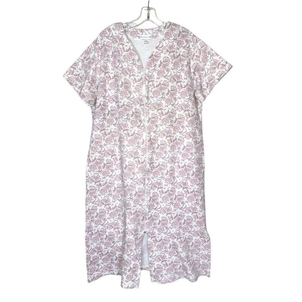 Miss Elaine Floral Zip Front House Dress Lounge Robe Pink White Womens Large